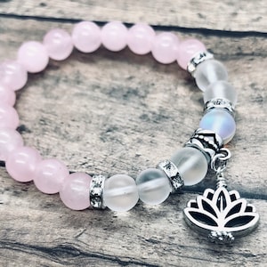 Rose Quartz Bracelet, Angel Aura Quartz Lotus Flower Calming Bracelet, Crystal Bracelet, Spiritual Healing Handmade Jewelry, Gift for Her