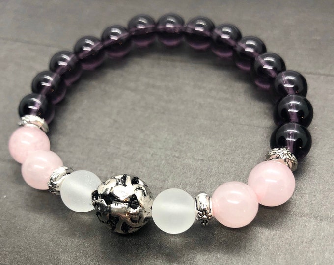 Amethyst and Rose Quartz Bracelet, Gemstone Calming Healing Bracelet, Anxiety Aid Yoga Bracelet, Meditation Wrist Mala, 8mm Beads