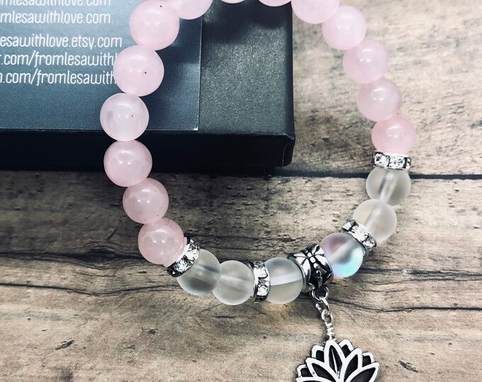Rose Quartz Lotus Flower Crystal Healing Yoga Bracelet