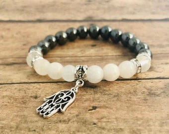 Hematite Bracelet, White Jade Hamsa Hand Bracelet, Focus Support Bracelet, Spiritual Healing Yoga Jewelry, White Jade, Frosted Quartz