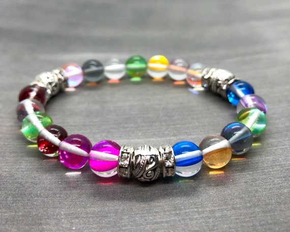 Rainbow Angel Aura Quartz Bracelet, Supportive Calming Bracelet, Good Luck Positive Bracelet, Spiritual Purification Healing Yoga Jewelry