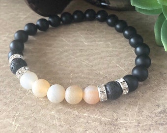 Men's Black Onyx Bracelet: Sunstone & Lava Diffuser Beads