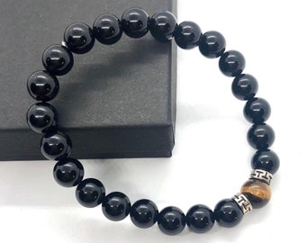 Tiger Eye & Black Onyx Bracelet, 7 Chakra Energy Bracelet, Power Protection Bracelet, Men Women, Father's Day Gift