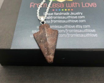 Jasper Arrowhead Necklace, Sterling Silver, Healing Gemstone Pendant, Arrow Head Flint Stone Jewelry, Heart Chakra