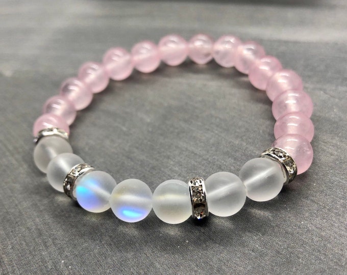 Rose Quartz Bracelet, Anxiety Support Bracelet, Crystal Bracelet, Spiritual Healing Yoga Jewelry, Angel Aura, Gift for Her