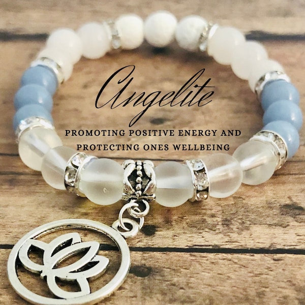 Angelite Bracelet, Gemstone Bracelet, Lotus Flower Bracelet, Crystal Spiritual Healing Yoga Jewelry, Clear Frosted Quartz Angel Aura