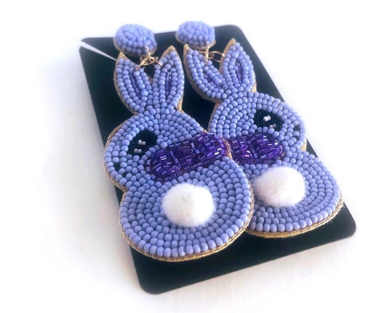 Easter Bunny Earrings, Seed Bead Earrings, Sequin & Beaded Post Earrings, Spring Handmade Jewelry, Fun Earrings