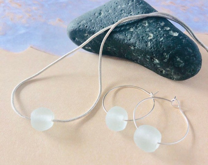 Sea Glass Jewelry Set, Beach Glass Seafoam Necklace Dangle Earrings Silver