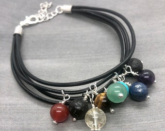 Chakra Bracelet, Black Leather Bracelet, Crystal Bracelet, 7 Chakra, Aromatherapy Healing Crystals Jewelry