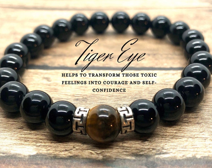 Black Onyx Bracelet, Tiger Eye Chakra Bracelet, Power Protection Healing Bracelet, Men Women, Father's Day Gift