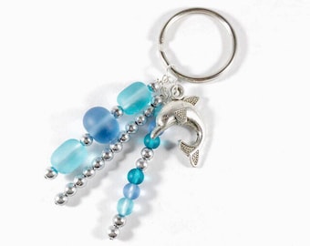 Sea Glass Keychain Necklace Blue Beaded