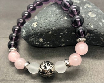 Healing Amethyst Rose Quartz Bracelet, 8mm Beads, Mindfulness Meditation Jewelry, Zen Calming Anxiety Relief