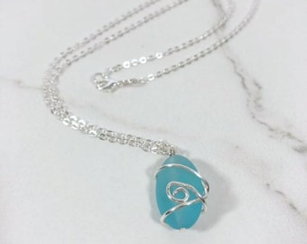 Wire Wrapped Sea Glass Necklace Silver Wire wrapped sea glass blue