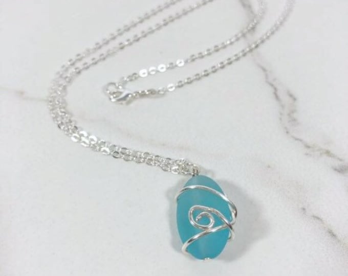 Wire Wrapped Sea Glass Necklace Silver Wire wrapped sea glass blue
