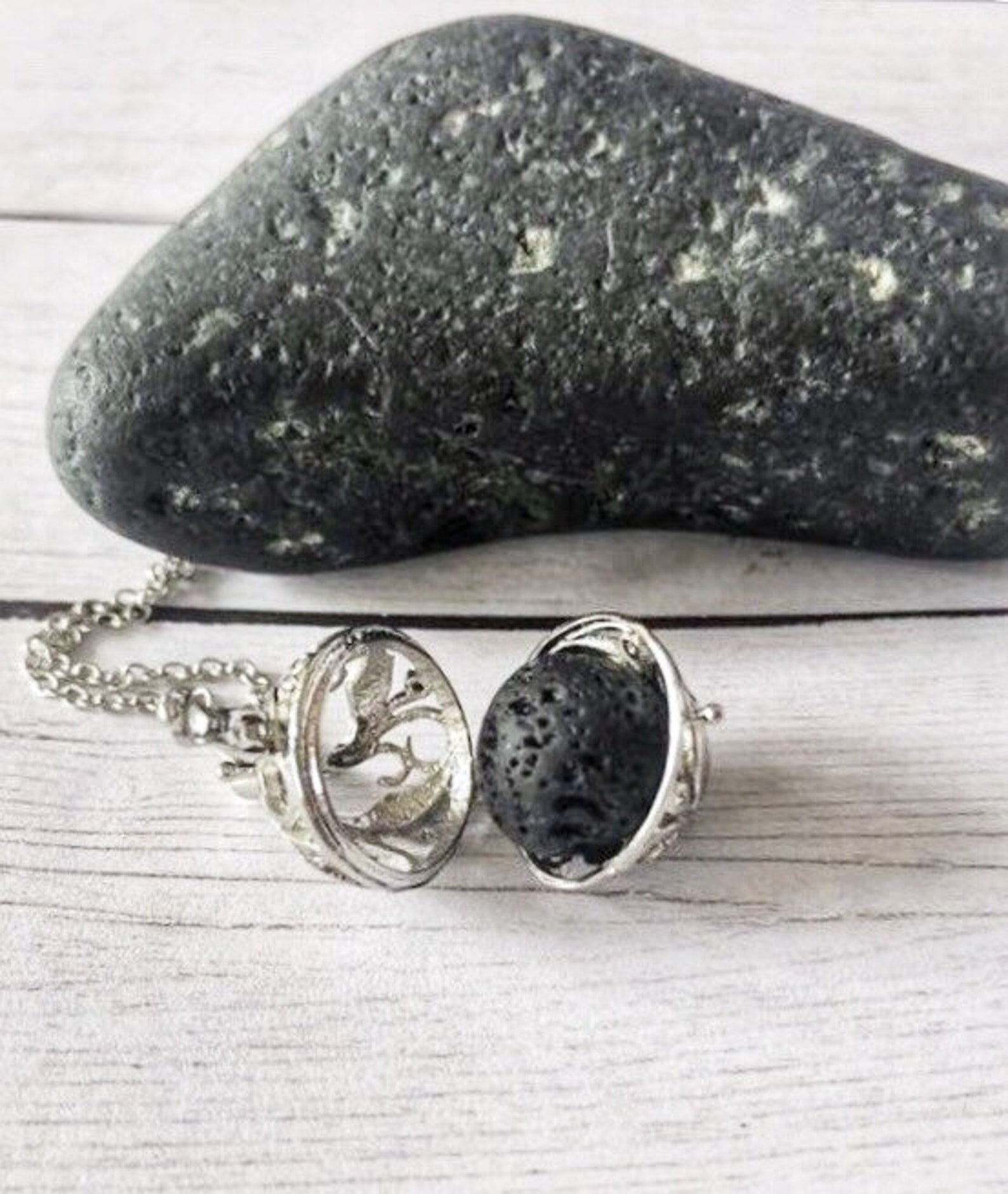 Stone Holder Locket Necklace, Sterling Silver Chain, Aromatherapy