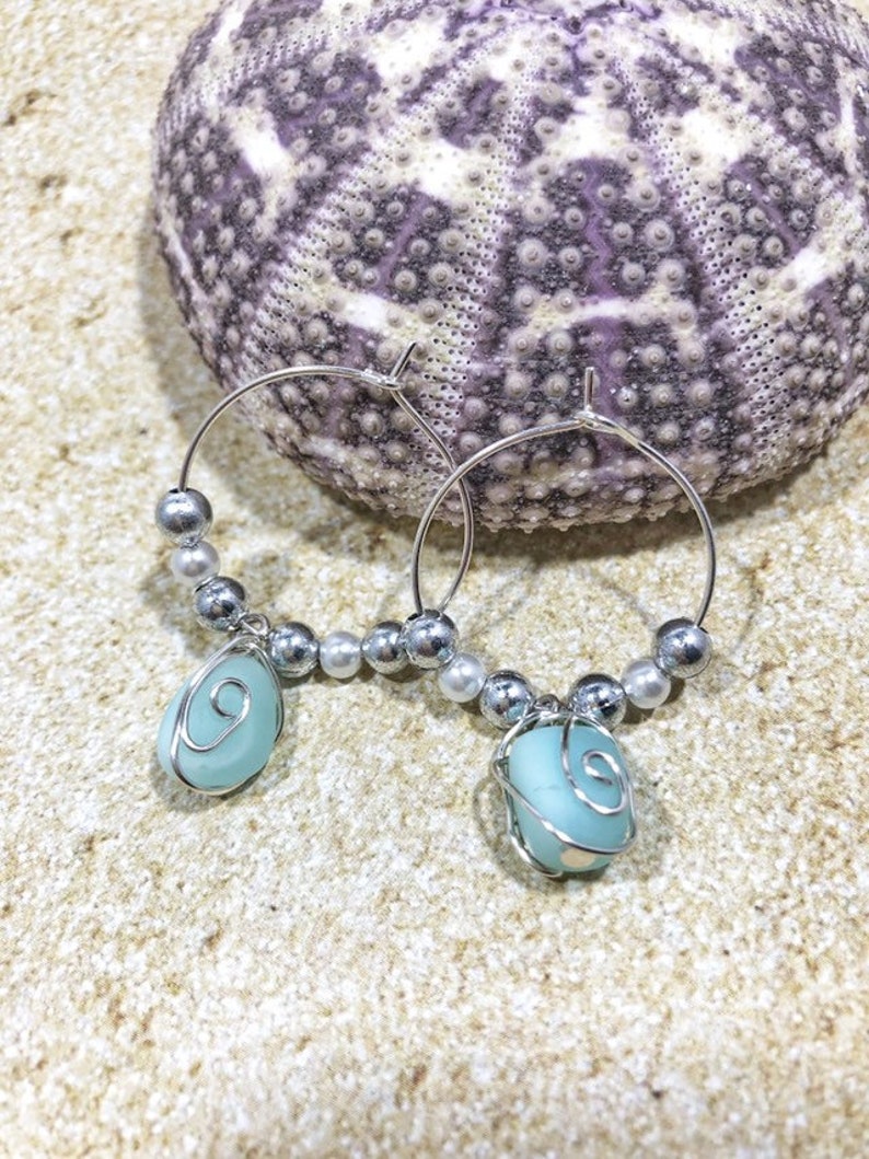 Beach Glass Dangle Earrings Sea Glass Earrings Wire Wrapped Sea Glass Silver Hoop Earrings Seafoam Sea Glass Drop Earrings