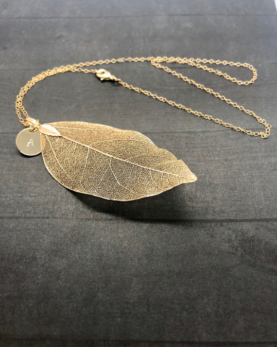 Real Leaf Necklace, Gold Filled, Natural Gold Dipped Leaf Initial Pendant Long Necklace, Personalized Gift