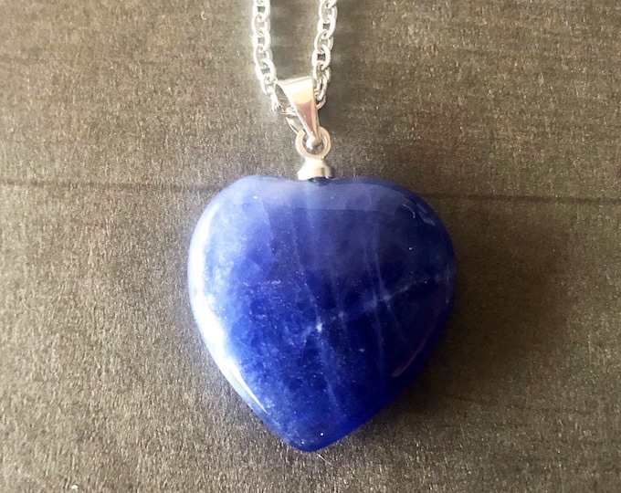 Sodalite Heart Pendant Necklace, Sterling Silver, Healing Gemstone Pendant, Natural Stone Jewelry, Gift for Valentines Day