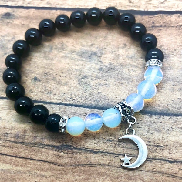 Opalescent Bracelet, Calming Gemstone Bracelet, Black Onyx Moon Crescent  Bracelet or Anklet, Heavenly Birthday Spiritual Crystal Jewelry