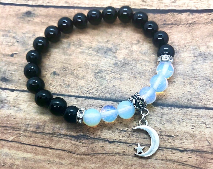 Opalescent Bracelet, Calming Gemstone Bracelet, Black Onyx Moon Crescent  Bracelet or Anklet, Heavenly Birthday Spiritual Crystal Jewelry