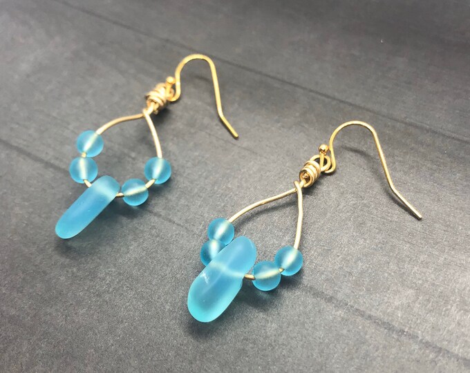 Sea Glass Earrings, Sea Glass Gold Filled Earrings, Blue Sea Glass Dangle Earrings, Aqua Beach Glass Gold Earrings