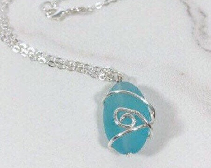 Wire Wrapped Sea Glass Necklace Silver Wire wrapped sea glass blue