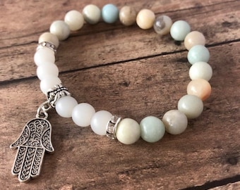 Amazonite Bracelet with Optional Hamsa Hand Charm - Energizing Antitoxin & Quartz Crystal Jewelry