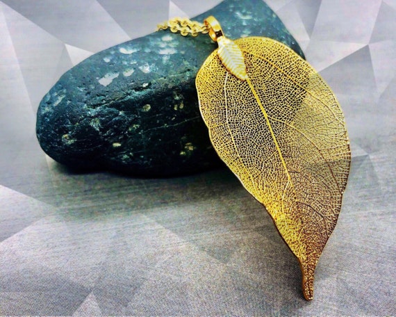 Real Leaf Necklace Gold Filled, Natural Leaf Pendant Long Necklace, 18K Gold Dipped Nature Inspired Large Leaf Necklace, Gift for Her
