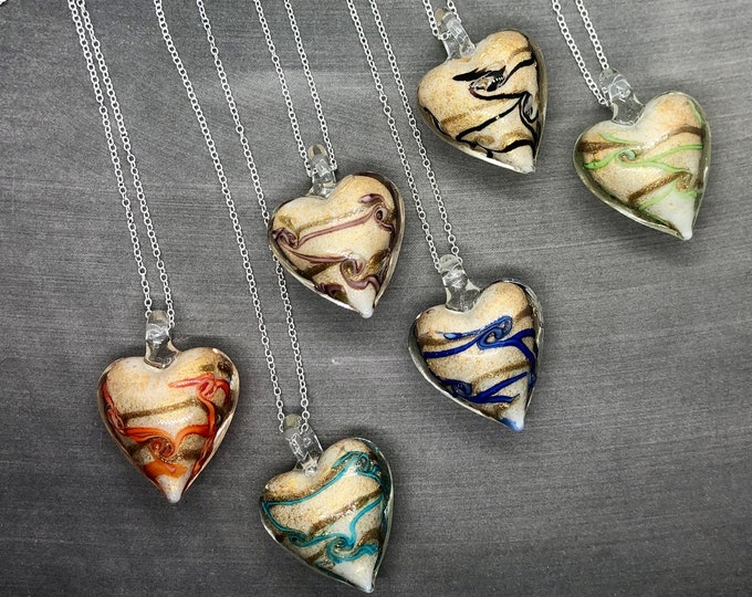 Hand Blown Glass Pendant Necklace, Elegant Murano Glass Necklace - Heart Pendant on Silver Chain, Unique Gift for Mom