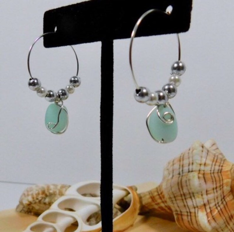 Beach Glass Dangle Earrings Sea Glass Earrings Wire Wrapped Sea Glass Silver Hoop Earrings Seafoam Sea Glass Drop Earrings