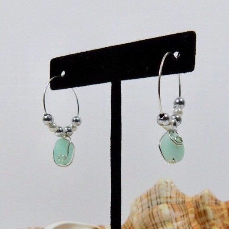 Beach Glass Dangle Earrings Sea Glass Earrings Wire Wrapped Sea Glass Silver Hoop Earrings Seafoam Sea Glass Drop Earrings