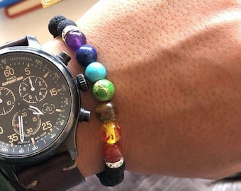 Chakra Bracelet: Lava Bead Rainbow Gemstone Healing Jewelry