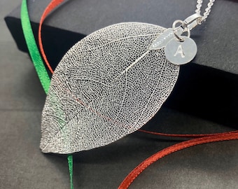 Real Leaf Necklace, Sterling Silver Natural Silver Dipped Leaf Initial Pendant Long Necklace, Personalized Gift for Mom