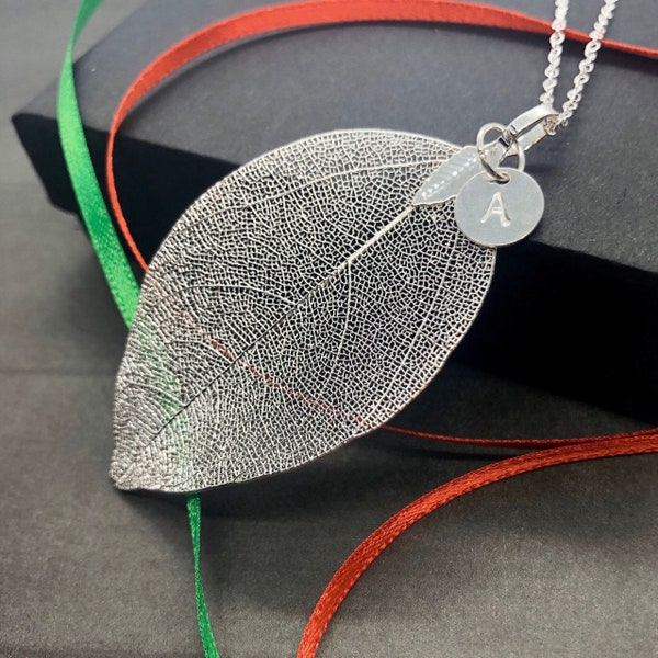 Real Leaf Necklace, Sterling Silver Natural Silver Dipped Leaf Initial Pendant Long Necklace, Personalized Gift for Mom