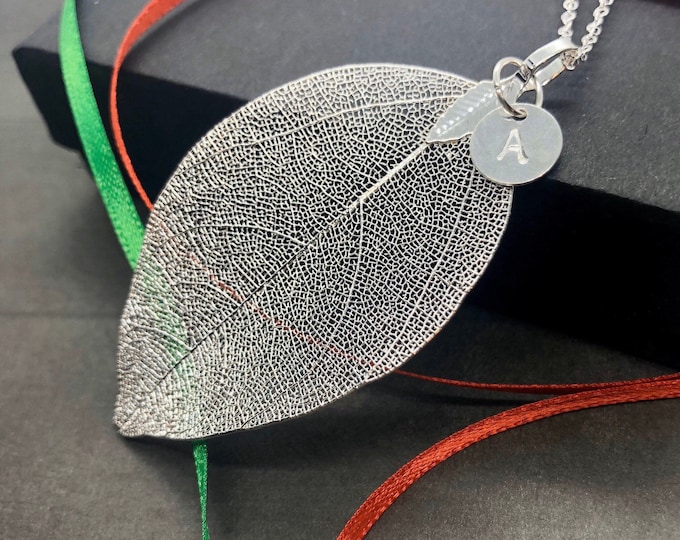 Real Leaf Necklace, Sterling Silver Natural Silver Dipped Leaf Initial Pendant Long Necklace, Personalized Gift for Mom