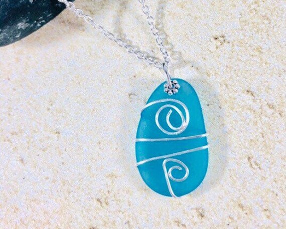 Blue Sea Glass Necklace, Sterling Silver Wire Wrapped