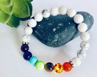 7 Chakra Bracelet Meditation Bracelet Meaning Card, White Howlite Bracelet, Chakras Jewelry, Gemstone Therapy, Healing Crystals Real Stones