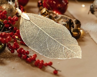 Real Leaf Necklace Gold Filled, Natural Leaf Pendant Long Necklace, 18K Gold Dipped Nature Inspired Large Leaf Necklace, Gift for Her