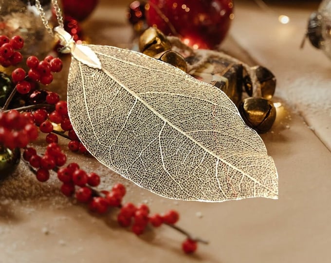 Real Leaf Necklace Gold Filled, Natural Leaf Pendant Long Necklace, 18K Gold Dipped Nature Inspired Large Leaf Necklace, Gift for Her