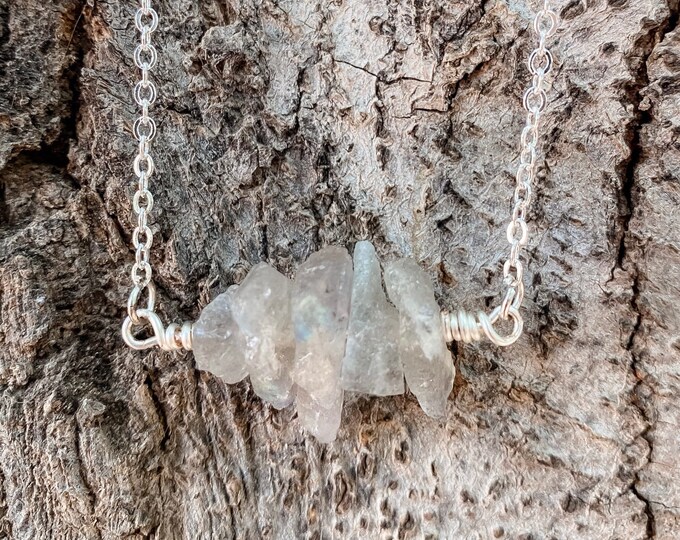 Raw Labradorite Sterling Silver Necklace, Crystal Healing Meditation Necklace, Calming Bar Spiritual Necklace
