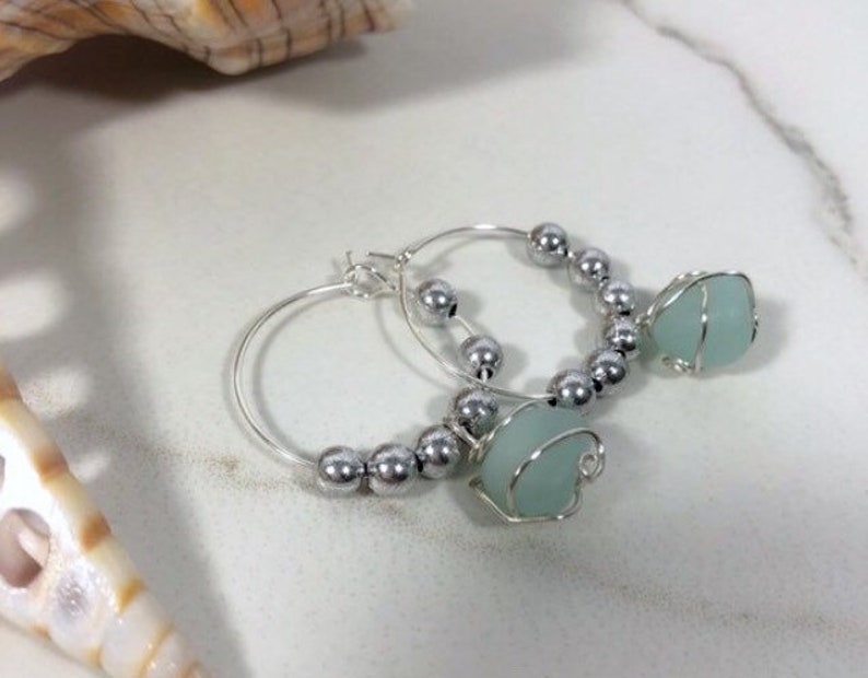 Beach Glass Dangle Earrings Sea Glass Earrings Wire Wrapped Sea Glass Silver Hoop Earrings Seafoam Sea Glass Drop Earrings