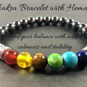Chakra Armband mit Bedeutungskarte, Hämatit Regenbogen 7 Chakren Balance Armband, Geschenk für Ihn Ihre Männer Frauen