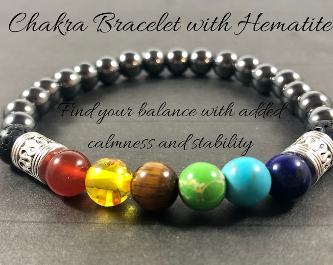 Chakra Bracelet with Meaning Card, Hematite Rainbow 7 Chakras Balance Bracelet, Gift for Him Her Men Women