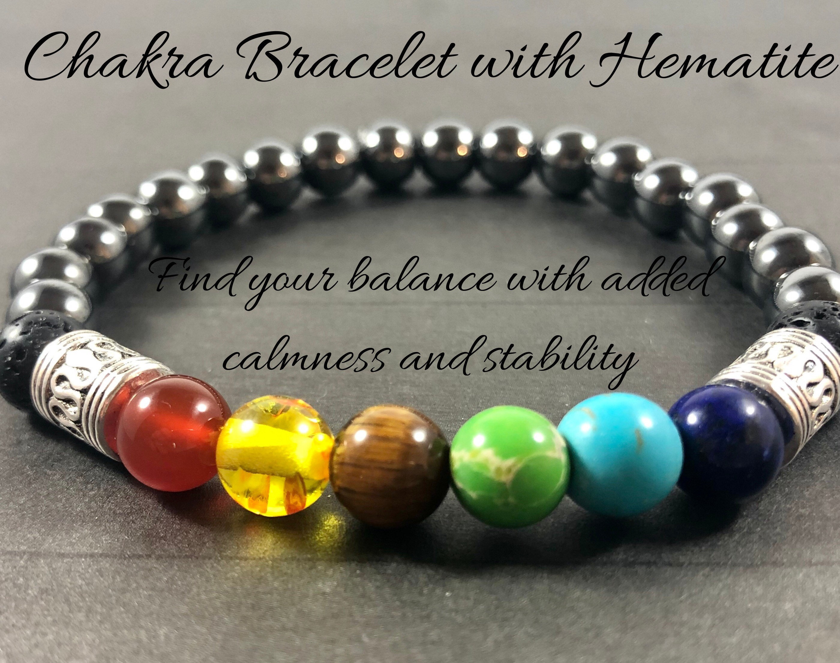 Hematite Chakra Bracelet with 7 Gemstones 8mm Mala Yoga Meditation