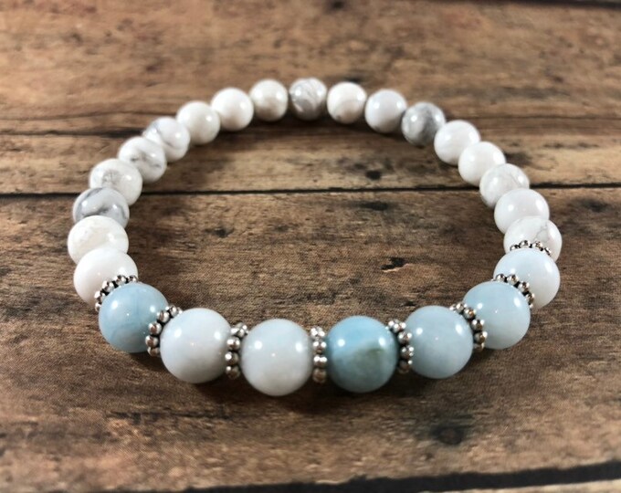 Aquamarine Bracelet White Howlite Healing Bracelet 8mm Beads