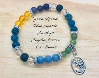 Crystal Motivation Bracelet: Apatite, Jade, Citrine, Amethyst, Lava Stone, Om Charm