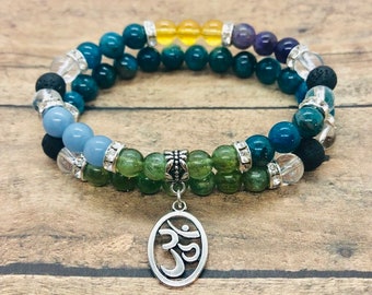Blue Apatite & Green Jade Bracelet Set: Crystal Diffuser, Om Charm