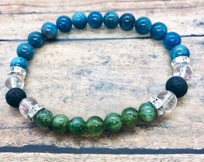 Blue Apatite Control Bracelet, Weight and Metabolism Support Crystal Bracelet, Control Motivational Diffuser Bracelet, Green Jade