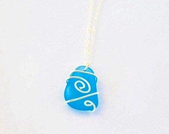 Wire wrapped sea glass sterling silver necklace simple Pacific blue