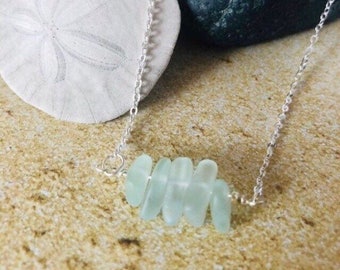 Sea Glass Necklace, Mint Green Beach Glass Bar Pendant Necklace, Sterling Silver, Gold Filled, Sea Foam Natural Sea Glass Jewelry